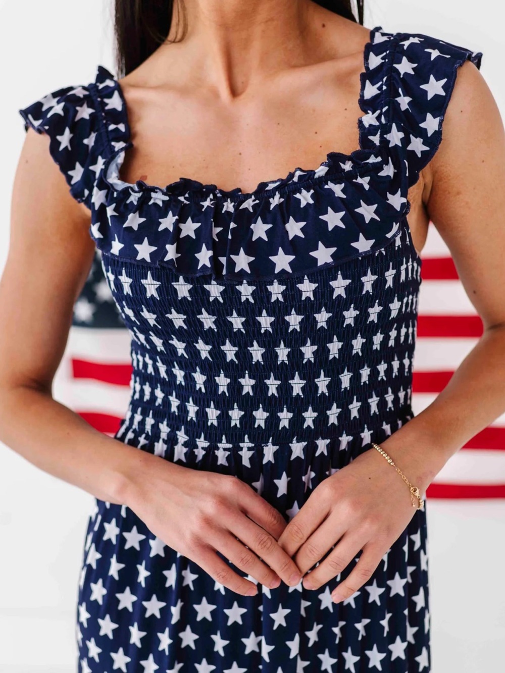 Navy Star-Print Maxi Dress with Ruffled Straps - Picture 2 of 6